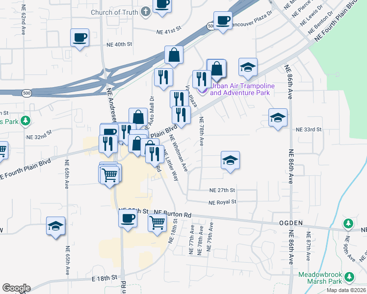 map of restaurants, bars, coffee shops, grocery stores, and more near 7600 Northeast 31st Circle in Vancouver
