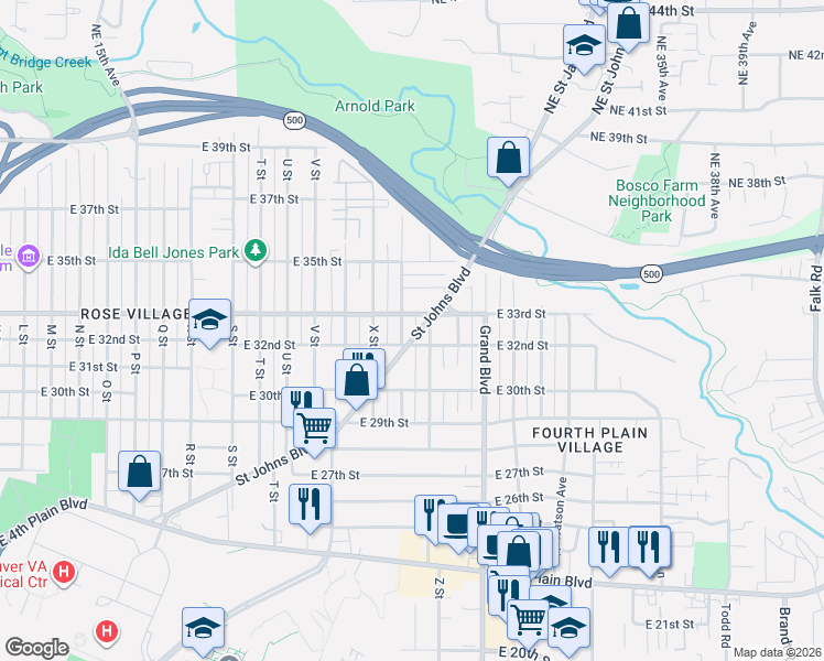 map of restaurants, bars, coffee shops, grocery stores, and more near 3214 Saint Johns Boulevard in Vancouver