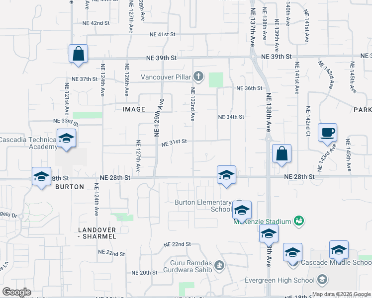 map of restaurants, bars, coffee shops, grocery stores, and more near 13108 Northeast 30th Circle in Vancouver
