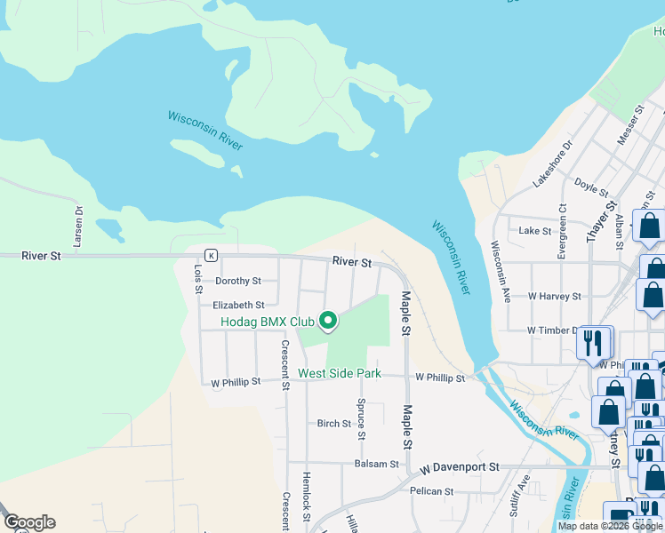 map of restaurants, bars, coffee shops, grocery stores, and more near 1004 River Street in Rhinelander