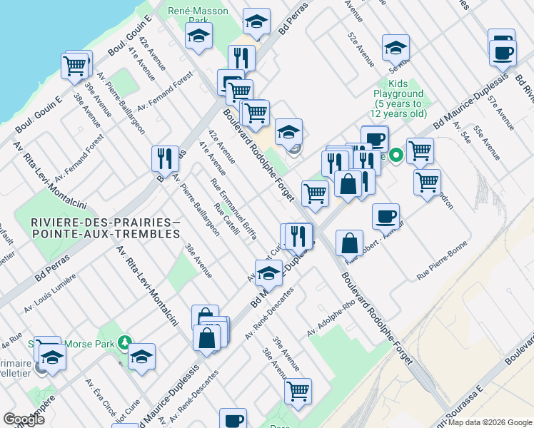 map of restaurants, bars, coffee shops, grocery stores, and more near 12140 42e Avenue in Montréal