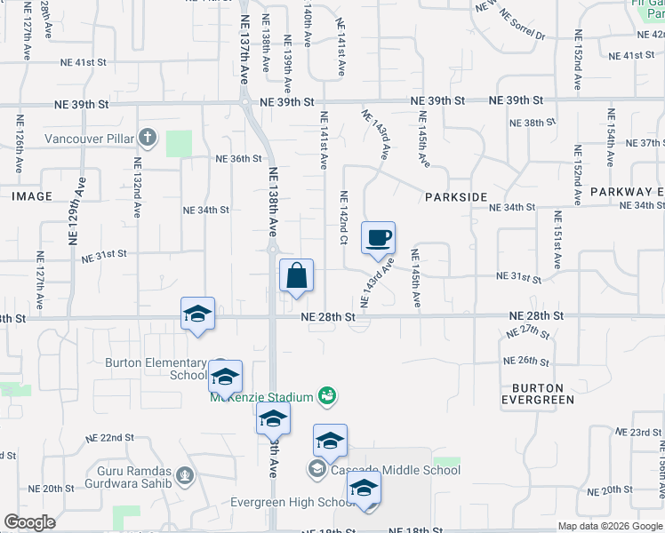 map of restaurants, bars, coffee shops, grocery stores, and more near 3025 Northeast 141st Avenue in Vancouver