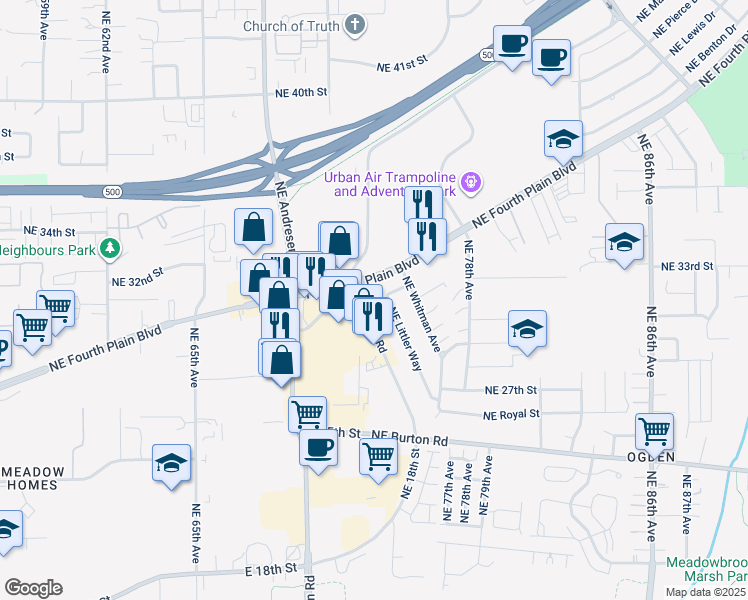 map of restaurants, bars, coffee shops, grocery stores, and more near 3101 Northeast Burton Road in Vancouver