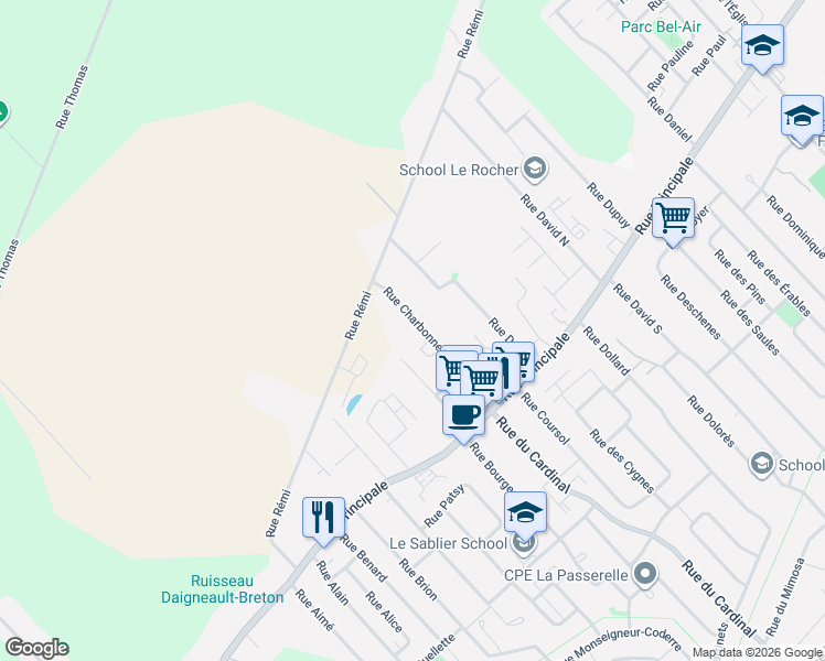 map of restaurants, bars, coffee shops, grocery stores, and more near 531 Rue Charbonneau in Saint-Amable