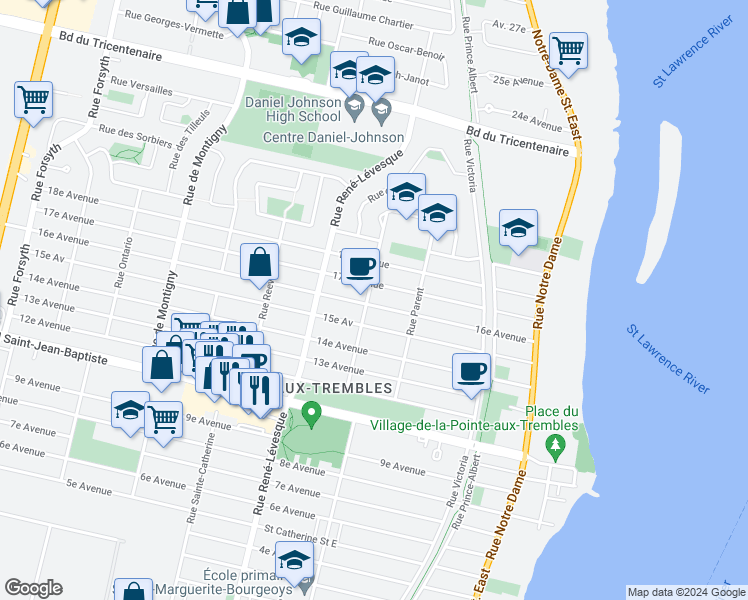 map of restaurants, bars, coffee shops, grocery stores, and more near 975 16e Avenue in Montréal