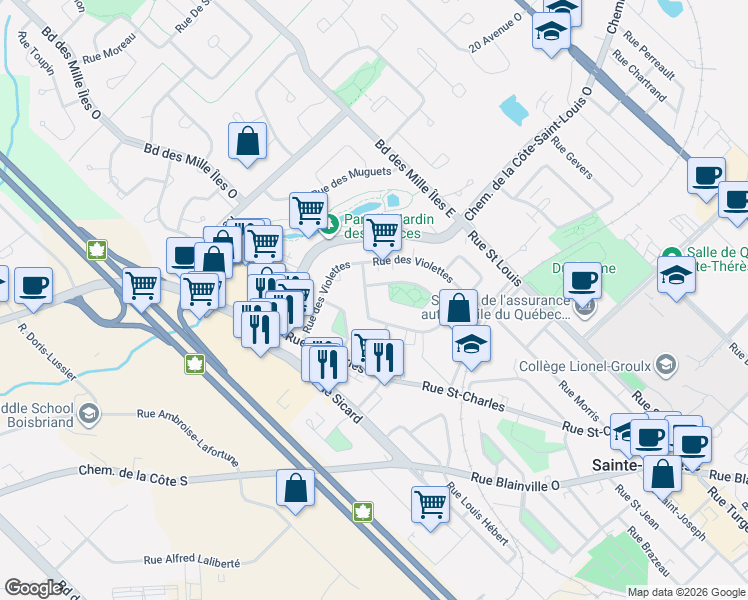 map of restaurants, bars, coffee shops, grocery stores, and more near 258 Rue des Myosotis in Sainte-Thérèse