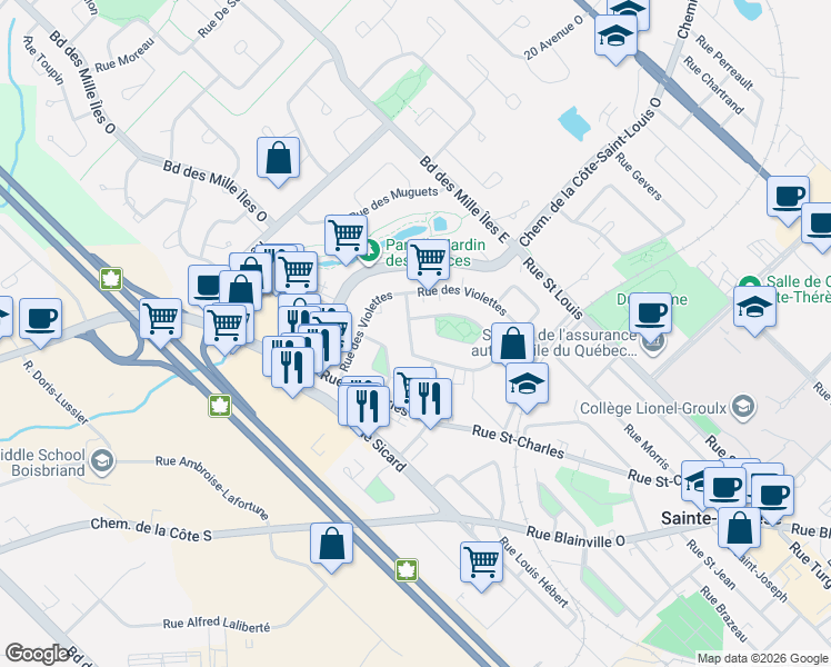 map of restaurants, bars, coffee shops, grocery stores, and more near 258 Rue des Myosotis in Sainte-Thérèse
