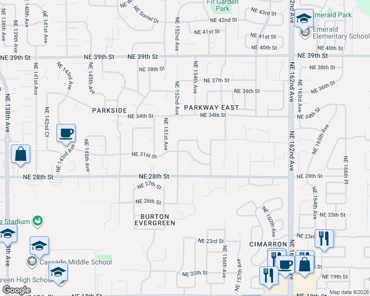 map of restaurants, bars, coffee shops, grocery stores, and more near 15212 Northeast 31st Street in Vancouver