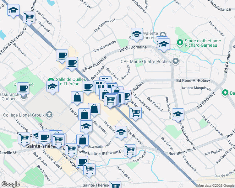map of restaurants, bars, coffee shops, grocery stores, and more near 220 Rue Leduc in Sainte-Thérèse