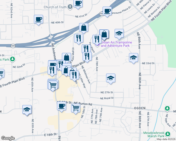 map of restaurants, bars, coffee shops, grocery stores, and more near 7613 Northeast 31st Circle in Vancouver