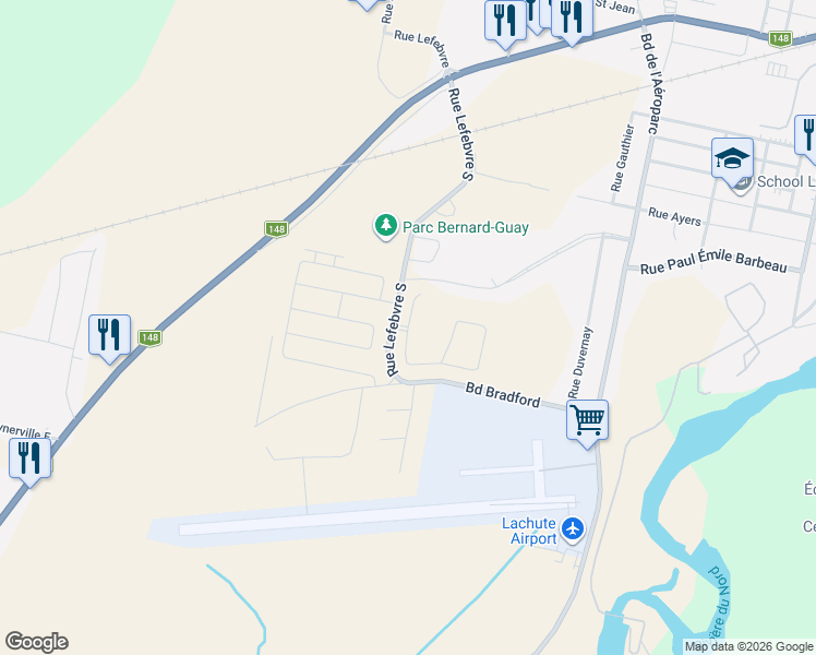 map of restaurants, bars, coffee shops, grocery stores, and more near Rue Saint Exupéry in Lachute