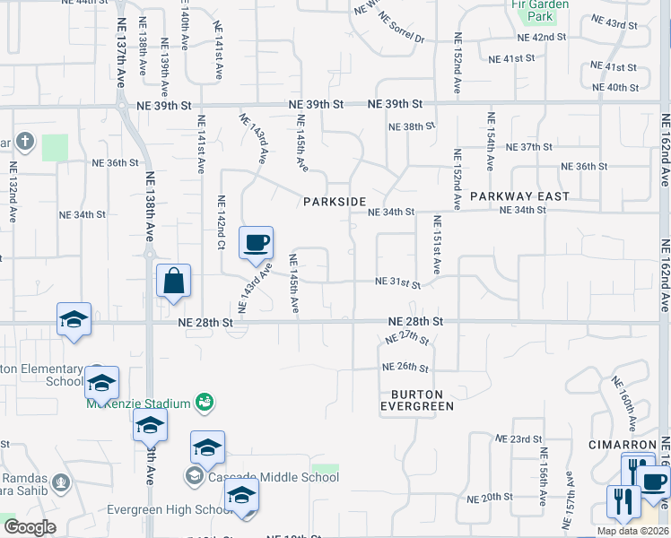 map of restaurants, bars, coffee shops, grocery stores, and more near 3116 Northeast 148th Avenue in Vancouver