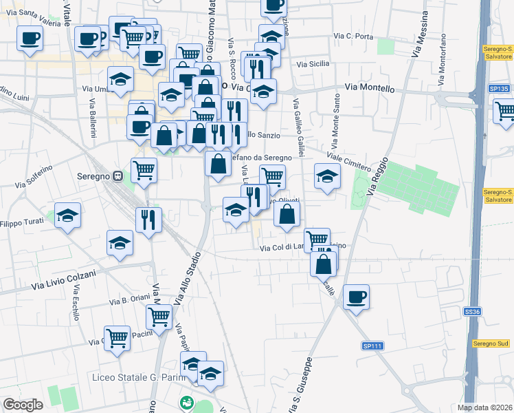 map of restaurants, bars, coffee shops, grocery stores, and more near 1 Via Ivo Oliveti in Seregno