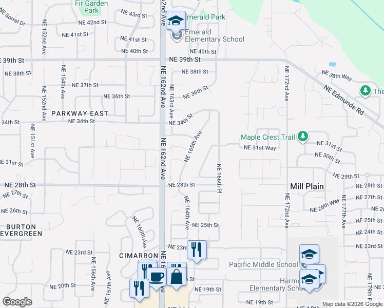 map of restaurants, bars, coffee shops, grocery stores, and more near 3201 Northeast 165th Avenue in Vancouver