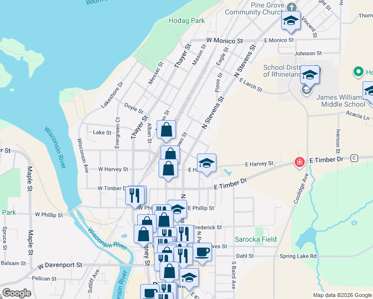 map of restaurants, bars, coffee shops, grocery stores, and more near 615 North Stevens Street in Rhinelander