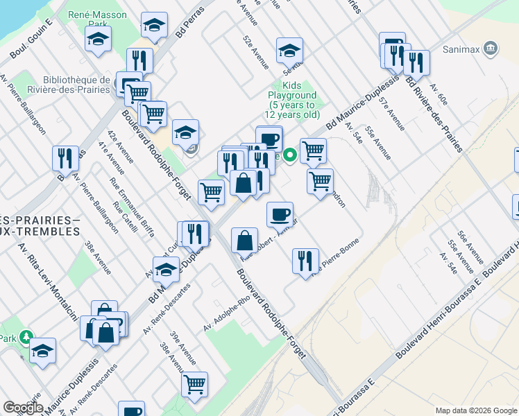 map of restaurants, bars, coffee shops, grocery stores, and more near 9170-C Boulevard Maurice-Duplessis in Montréal