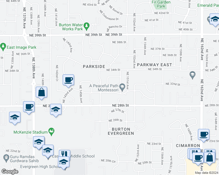 map of restaurants, bars, coffee shops, grocery stores, and more near 14803 Northeast 32nd Circle in Vancouver