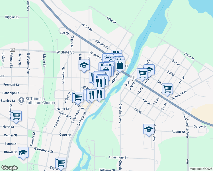 map of restaurants, bars, coffee shops, grocery stores, and more near 337 Water Street in Cheboygan
