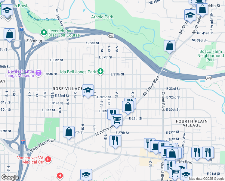 map of restaurants, bars, coffee shops, grocery stores, and more near 2101 East 33rd Street in Vancouver