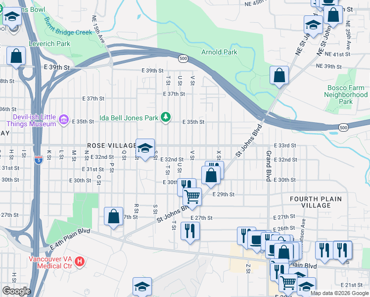map of restaurants, bars, coffee shops, grocery stores, and more near 2101 East 33rd Street in Vancouver