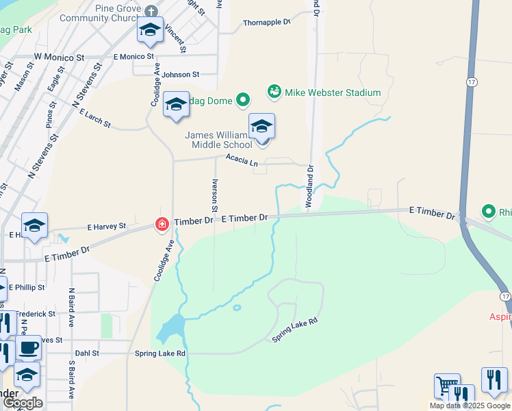 map of restaurants, bars, coffee shops, grocery stores, and more near 807 East Timber Drive in Rhinelander