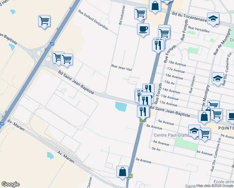 map of restaurants, bars, coffee shops, grocery stores, and more near 3673 Boulevard Saint-Jean-Baptiste in Montréal