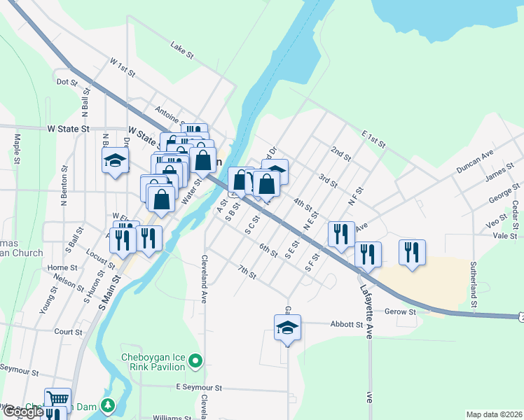 map of restaurants, bars, coffee shops, grocery stores, and more near U.S. 23 in Cheboygan