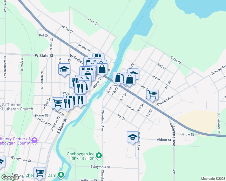 map of restaurants, bars, coffee shops, grocery stores, and more near 120 South B Street in Cheboygan