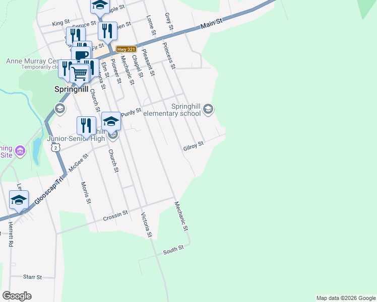 map of restaurants, bars, coffee shops, grocery stores, and more near 5 Gilroy Street in Springhill
