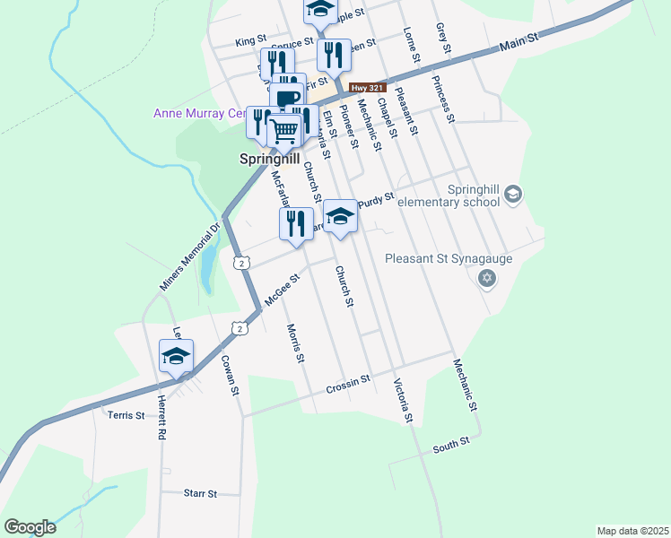 map of restaurants, bars, coffee shops, grocery stores, and more near 85 Church Street in Springhill