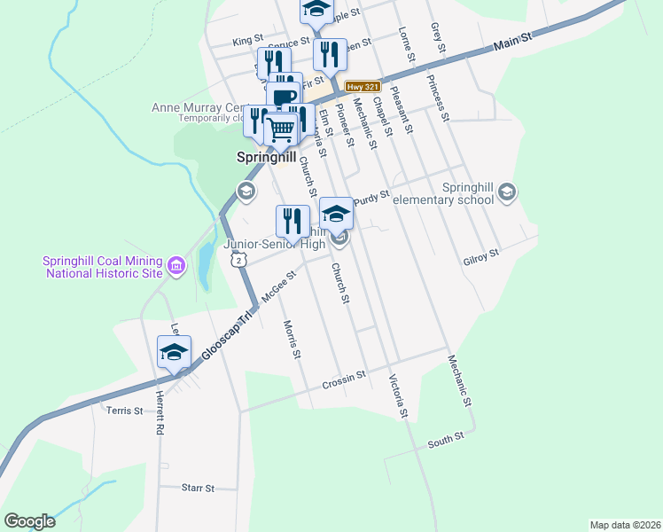 map of restaurants, bars, coffee shops, grocery stores, and more near 4 Mc Gee Street in Springhill