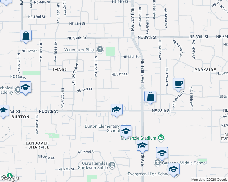 map of restaurants, bars, coffee shops, grocery stores, and more near 13407 Northeast 31st Street in Vancouver