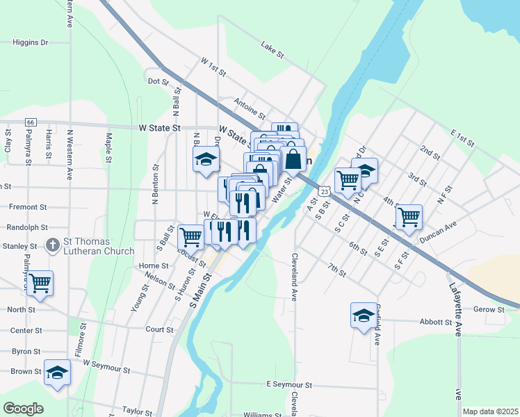 map of restaurants, bars, coffee shops, grocery stores, and more near 337 Water Street in Cheboygan