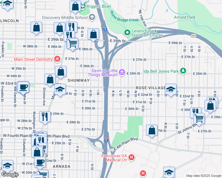 map of restaurants, bars, coffee shops, grocery stores, and more near 3214 K Street in Vancouver