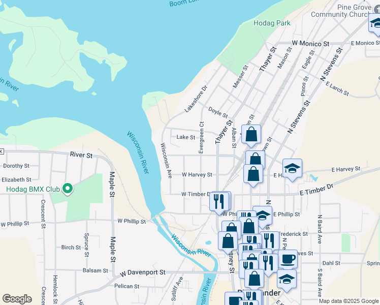 map of restaurants, bars, coffee shops, grocery stores, and more near 420 High Street in Rhinelander