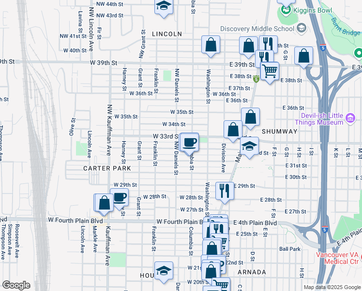 map of restaurants, bars, coffee shops, grocery stores, and more near 316 West 32nd Street in Vancouver