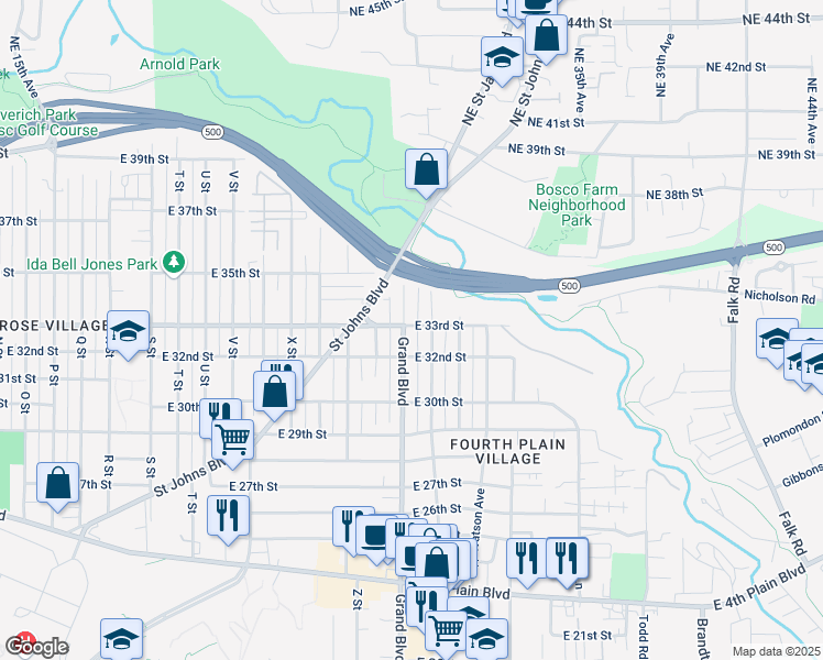 map of restaurants, bars, coffee shops, grocery stores, and more near 3223 Grand Boulevard in Vancouver