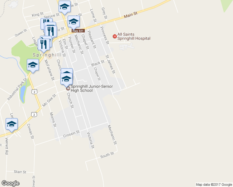 map of restaurants, bars, coffee shops, grocery stores, and more near 3 Gilroy Street in Springhill
