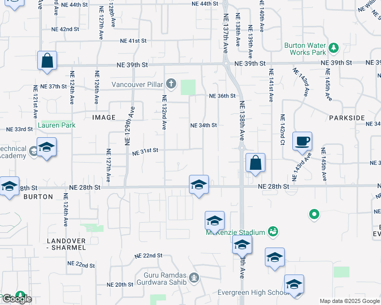 map of restaurants, bars, coffee shops, grocery stores, and more near 13407 Northeast 31st Street in Vancouver