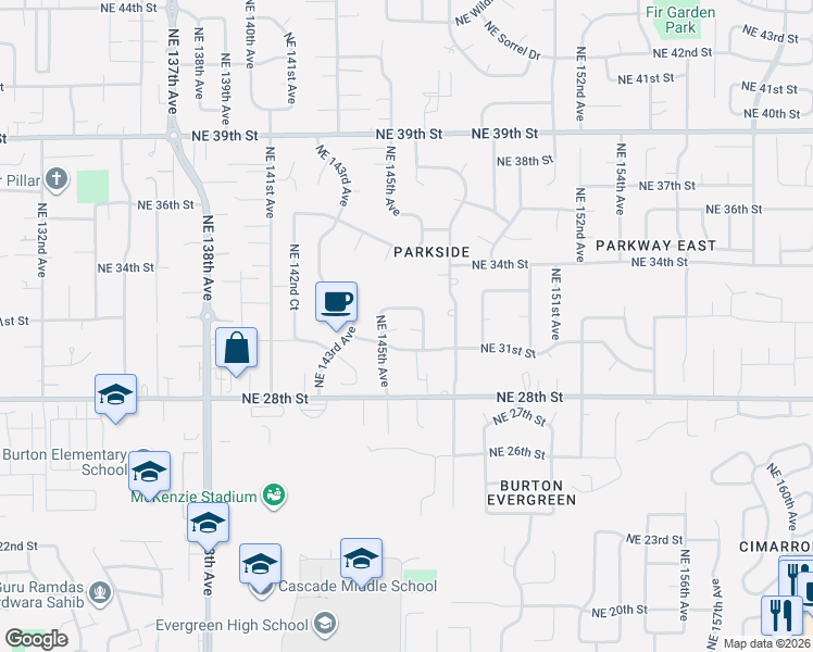 map of restaurants, bars, coffee shops, grocery stores, and more near 3110 Northeast 146th Way in Vancouver