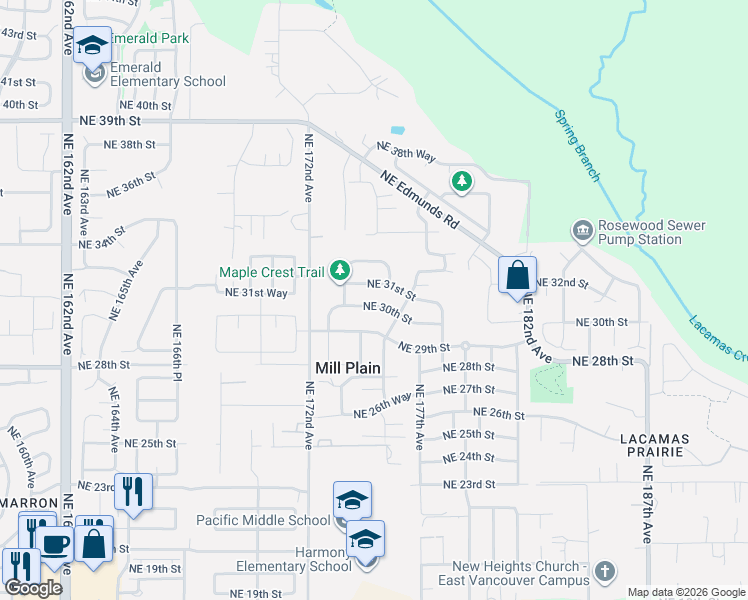 map of restaurants, bars, coffee shops, grocery stores, and more near 17504 Northeast 30th Street in Vancouver
