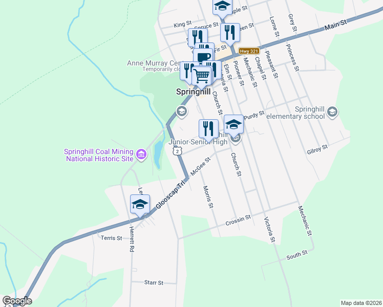 map of restaurants, bars, coffee shops, grocery stores, and more near 8 Smith Avenue in Springhill