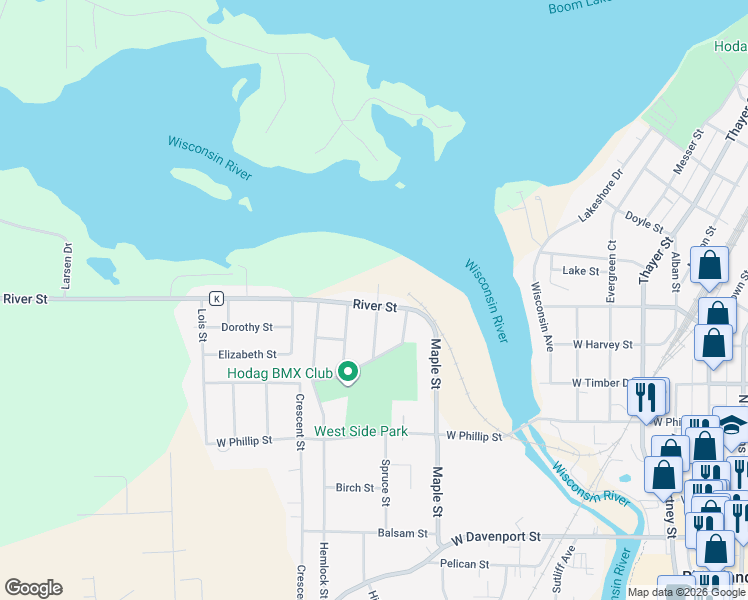map of restaurants, bars, coffee shops, grocery stores, and more near 904 River Street in Rhinelander