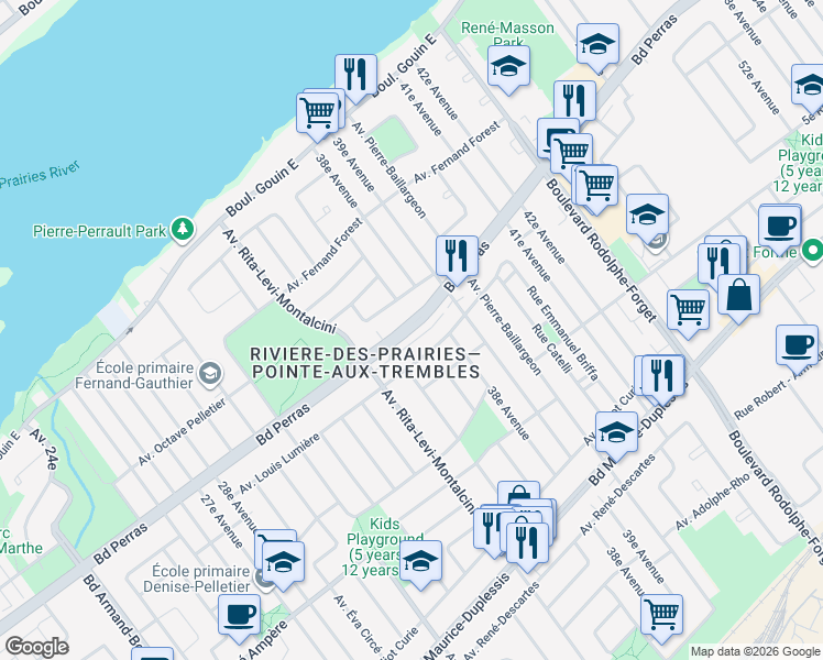 map of restaurants, bars, coffee shops, grocery stores, and more near Boulevard Perras in Montréal