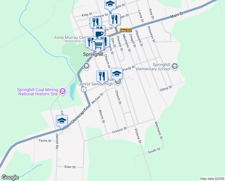 map of restaurants, bars, coffee shops, grocery stores, and more near 4 Mc Gee Street in Springhill