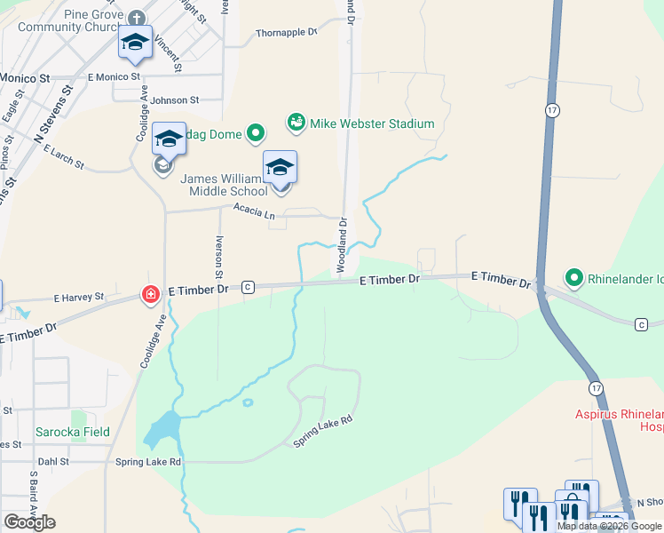 map of restaurants, bars, coffee shops, grocery stores, and more near 821 Woodland Drive in Rhinelander