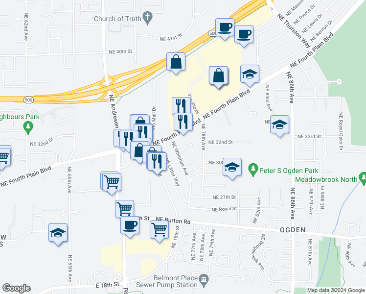map of restaurants, bars, coffee shops, grocery stores, and more near 7600 Northeast 31st Circle in Vancouver