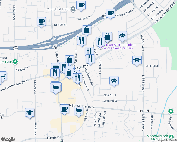 map of restaurants, bars, coffee shops, grocery stores, and more near 7600 Northeast 31st Circle in Vancouver