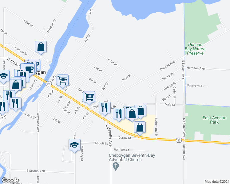 map of restaurants, bars, coffee shops, grocery stores, and more near 816 3rd Street in Cheboygan