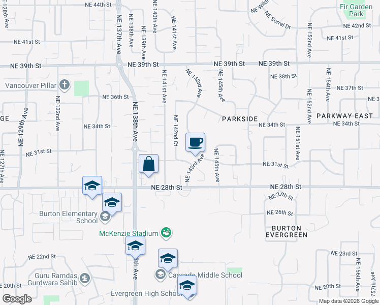 map of restaurants, bars, coffee shops, grocery stores, and more near 3111 Northeast Edelweiss Avenue in Vancouver